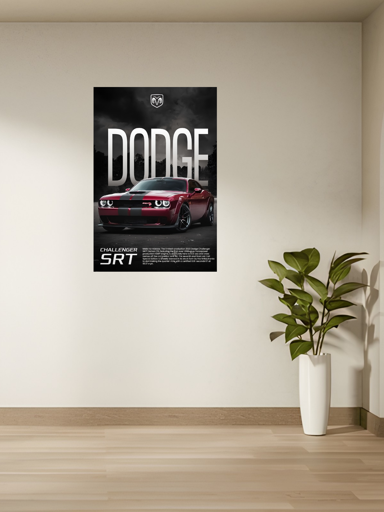 Dodge Challenger SRT poster with red muscle car, stylish wall decor for modern homes