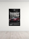 Red Dodge Challenger SRT poster with bold design and performance details