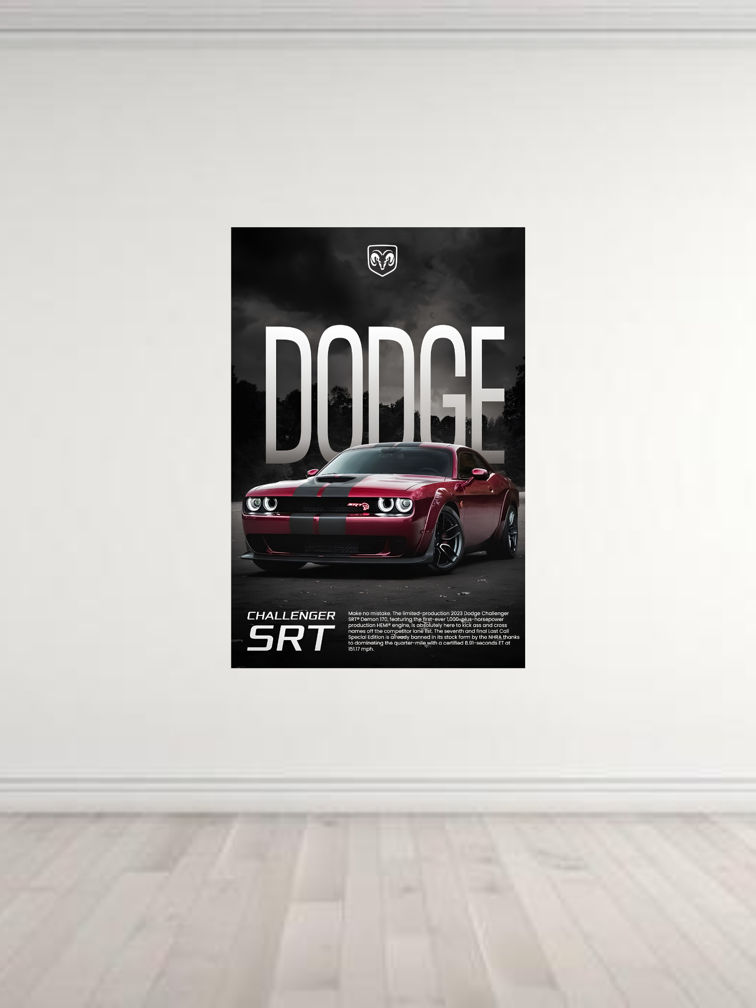 Red Dodge Challenger SRT poster with bold design and performance details