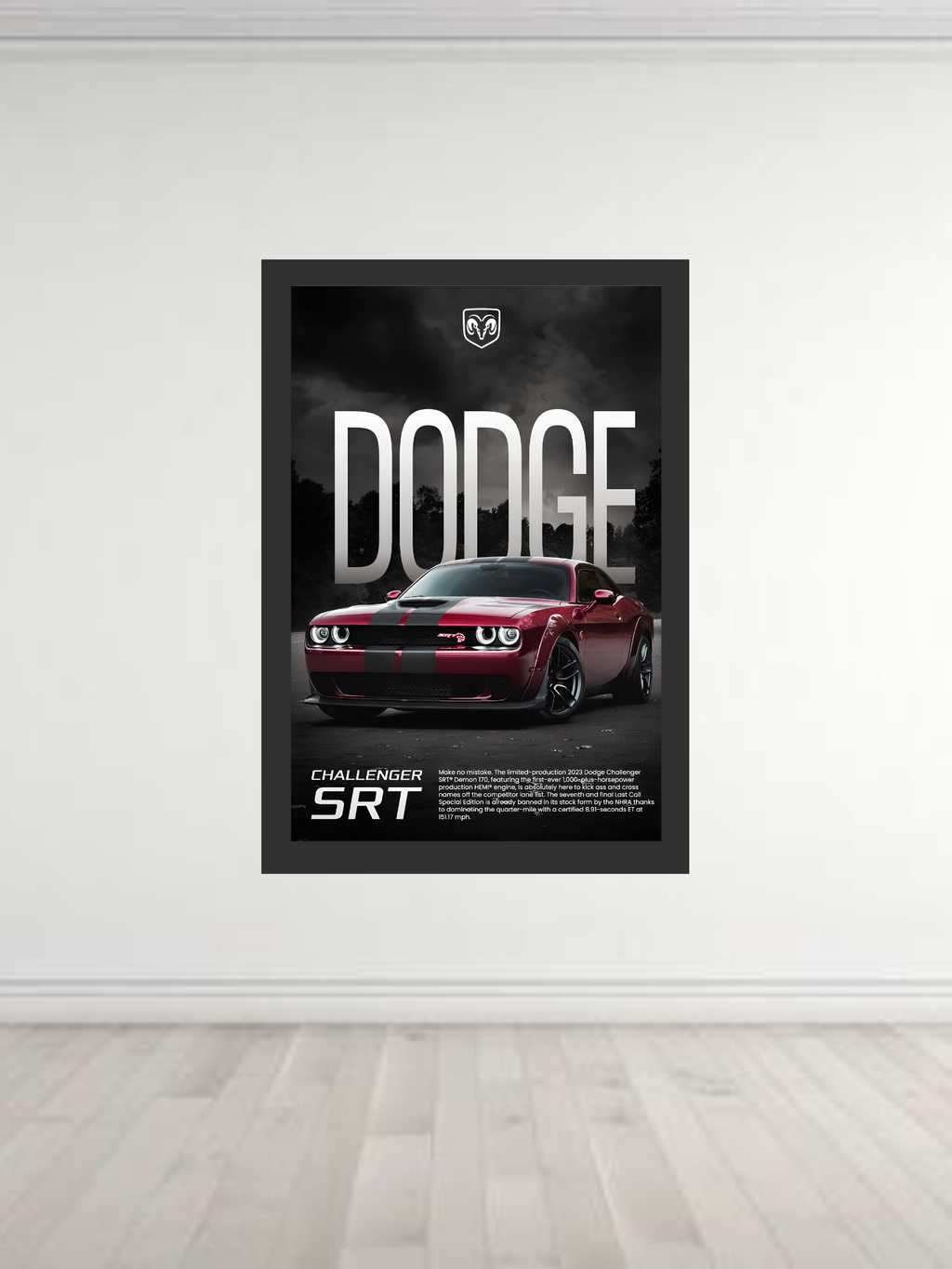 Red Dodge Challenger SRT poster with bold design and dramatic sky background
