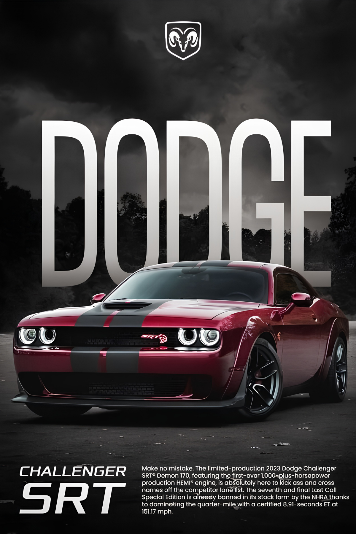 Red Dodge Challenger SRT with black racing stripes, bold design, and powerful HEMI engine