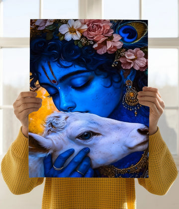 Divine Bond – Lord Krishna Hugging a Calf Wall Poster